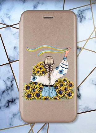 Чохол-книжка з малюнком на xiaomi redmi 7 :: золотий :: дівчина зі стрічкою /принт 25/