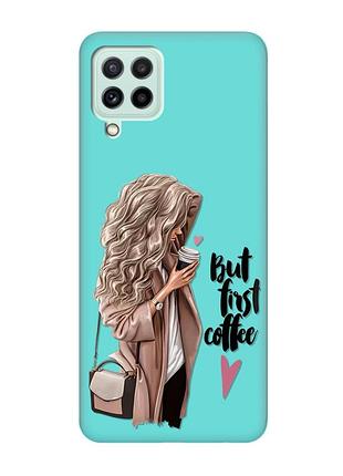Матовый бирюзовый чехол на samsung galaxy m32/m22/a22 4g :: девушка с кофе (принт 114)