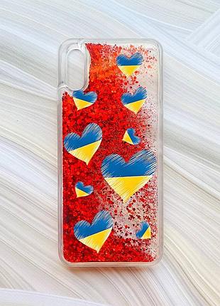 Чехол с плавающими блестками на xiaomi redmi 9a красный сердечка. украина (принт 258)