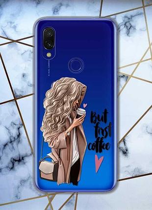 Прозрачный чехол на xiaomi redmi 7 :: девушка с кофе /принт 114/