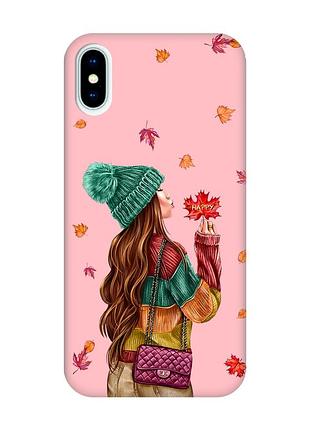 Матовий рожевий чохол на iphone x / xs :: дівчина з листям (принт 221)