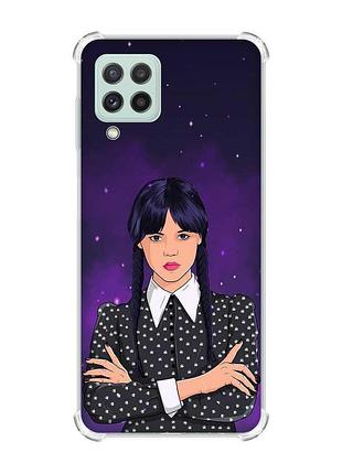 Чехол с утолщёнными углами на samsung galaxy a22 4g/m32/m22 девушка с косичками. уэнсдей (принт 208)