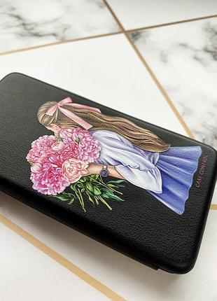 Чехол-книжка с рисунком для samsung galaxy а31 черный; девушка с пионами (принт 11) 2