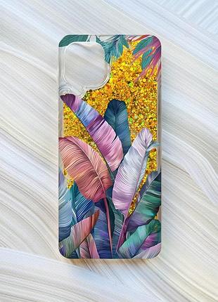 Чохол з плаваючими блискітками на samsung galaxy a22 4g/m22/m32 золотий :: тропіки (принт 372)