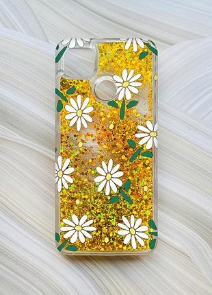 Чехол с плавающими блестками на xiaomi redmi 9c / 10a золотой :: ромашки (принт 368)