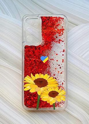 Чехол с плавающими блестками на samsung galaxy a24 (a245) красный :: желтые цветы (принт 364)