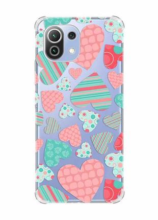 Чохол з потовщеними кутами на xiaomi mi 11 lite :: різнокольорові сердечка (принт 334)