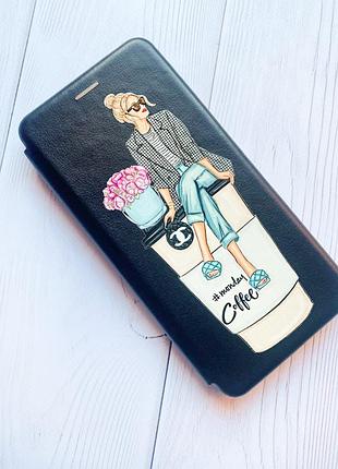 Чехол-книжка с рисунком на iphone 7 plus/8 plus :: черный :: девушка на кофе (принт 228) 2
