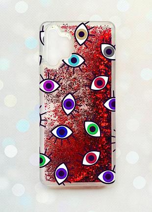 Чехол с плавающими блестками на samsung galaxy a32 красный :: разноцветные глаза (принт 336)
