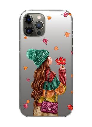 Прозрачный чехол на iphone 12 pro max :: девушка с листьями (принт 221)