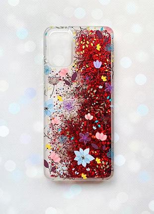 Чехол с плавающими блестками на samsung galaxy a03s (a037) красный :: цветочный фон (принт 267)