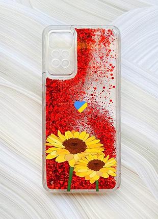 Чехол с плавающими блестками на xiaomi redmi note 11 pro красный :: желтые цветы (принт 364)