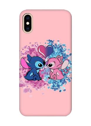 Матовый розовый чехол на iphone xs max стич и ангел (принт 391)