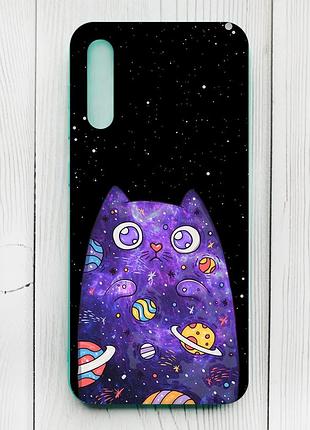 Матовый чехол с бирюзовыми боками на samsung galaxy a50 (2019) a505/a30s :: фиолетовая кошка (принт 361)