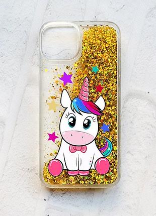 Чехол с плавающими блестками на iphone 14 золотой :: единорог (принт 102)