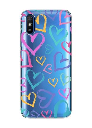 Прозорий чохол на xiaomi redmi 9a :: різнокольорові сердечка (принт 332)