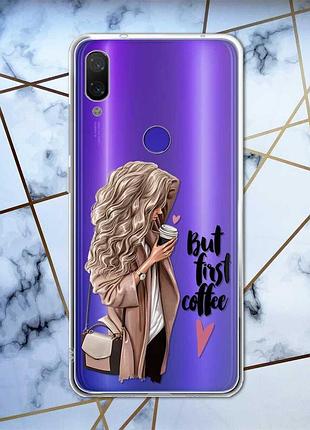 Прозорий чохол на xiaomi redmi note 7/7 pro :: дівчина з кавою /принт 114/