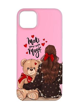 Матовий рожевий чохол на apple iphone 14 plus :: дівчина з ведмедиком (принт 188)