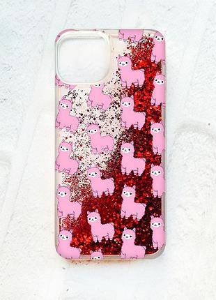 Чехол с плавающими блестками на iphone 13 :: красный :: ламы розовые (принт 101)