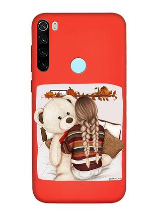 Матовый красный чехол на xiaomi redmi note 8t :: девочка с мишкой (принт 117)