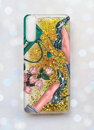 Чехол с плавающими блестками на samsung galaxy a50 (2019) a505f золотой :: туфельки и цветы (принт 225)