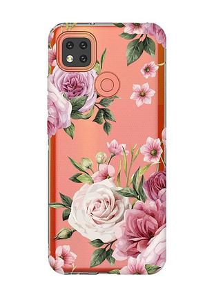 Прозорий чохол для xiaomi redmi 9c/10a :: рожеві квіти (принт 287)
