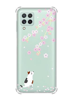 Чехол с утолщёнными углами на samsung galaxy a22 5g / a22s 5g :: котик и сакура (принт 283)