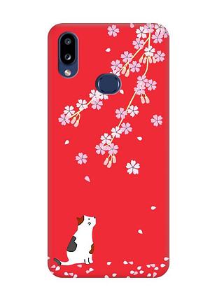 Матовый красный чехол на samsung galaxy a10ѕ a107 :: котик и сакура (принт 283)
