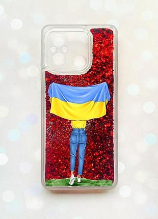 Чехол с плавающими блестками на xiaomi redmi 12c красный :: девушка с флагом (принт 263)