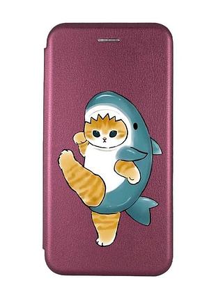 Чохол-книжка з малюнком для xiaomi redmi 9a бордовий :: котик акула (принт 380)
