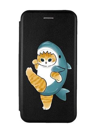 Чехол-книжка с рисунком для samsung galaxy a12 чёрный :: котенок акула (принт 380)