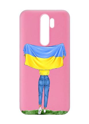 Матовый розовый чехол на xiaomi redmi note 8 pro :: девушка с флагом (принт 263)