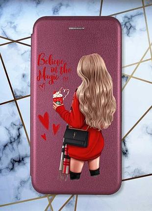 Чехол-книжка бордовый на xiaomi redmi note 12 девушка с кофе (принт 137)