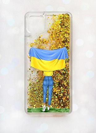 Чехол с плавающими блестками samsung a12 золотой :: девушка с флагом (принт 263)