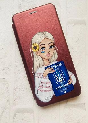 Чехол-книжка с рисунком для xiaomi redmi note 8 pro бордовый :: девушка с паспортом (принт 13) 2