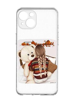 Прозрачный чехол с защитой камер на iphone 15 :: девочка с мишкой (принт 117)