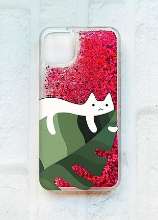 Чехол с плавающими блестками на iphone 11 розовый :: кот на листе (принт 367)
