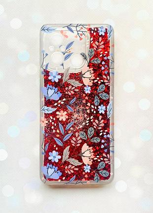 Чехол с плавающими блестками на xiaomi redmi 12c красный :: цветочный фон (принт 371)