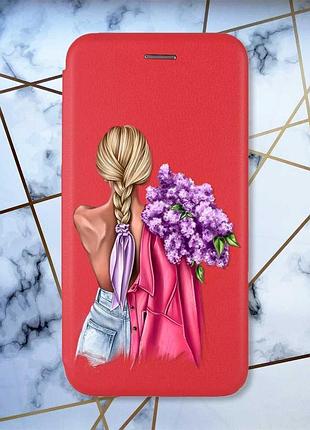 Чехол-книжка с рисунком для xiaomi redmi 8a красный :: девушка с сиренью (принт 7)