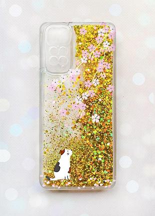 Чехол с плавающими золотыми блестками на xiaomi redmi note 11 котик и сакура (принт 283)