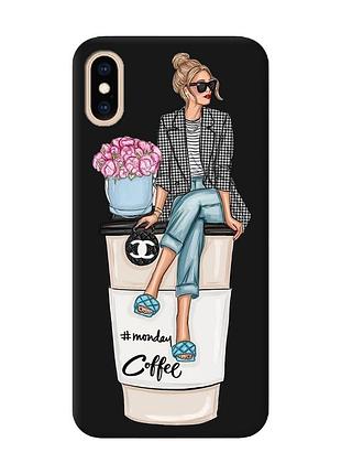 Матовий чорний чохол на iphone xs max дівчина на каві (принт 228)
