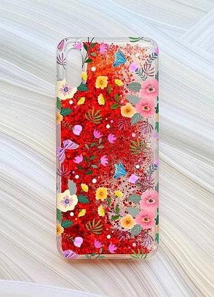 Чохол з плаваючими блискітками на xiaomi redmi 9a червоний :: квітковий фон (принт 369)