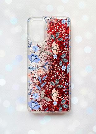 Чехол с плавающими блестками на samsung galaxy a02s красный :: цветочный фон (принт 371)
