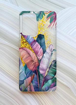 Чехол с плавающими блестками на xiaomi redmi note 10 pro/10 pro max золотой :: тропики (принт 372)
