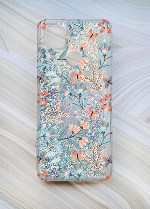 Чехол с плавающими блестками на xiaomi redmi 9c / 10a серебро :: цветочный фон (принт 370)