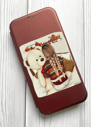 Чехол-книжка с рисунком для xiaomi redmi note 8 pro бордовый :: девочка с мишкой (принт 117) 2
