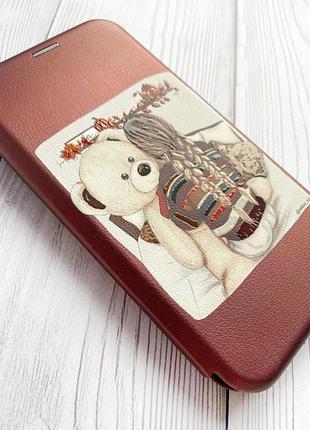 Чехол-книжка с рисунком для xiaomi redmi note 8 pro бордовый :: девочка с мишкой (принт 117) 3