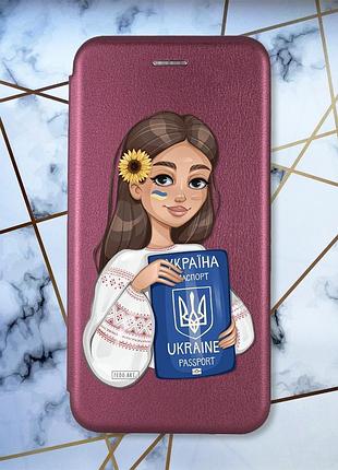 Чехол-книжка с рисунком для xiaomi redmi note 10/ note 10s бордовый :: девушка с паспортом (принт 12)
