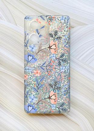Чохол з плаваючими блискітками на xiaomi redmi note 12 pro plus сріблястий :: квітковий фон (принт 371)