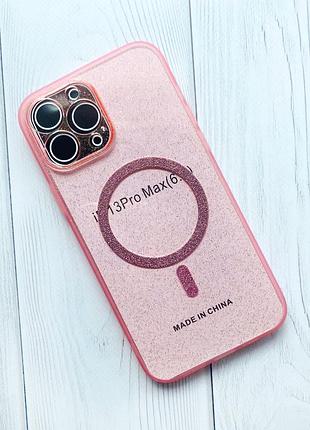 Прозрачный чехол с бриллиантовым блеском на iphone 13 pro max с поддержкой magsafe розовый